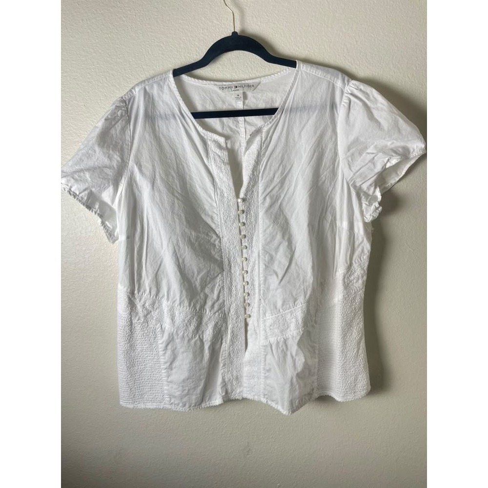 Tommy Hilfiger White Cotton Embroidered Eyelet Peasant Blouse Top Plus Size 18